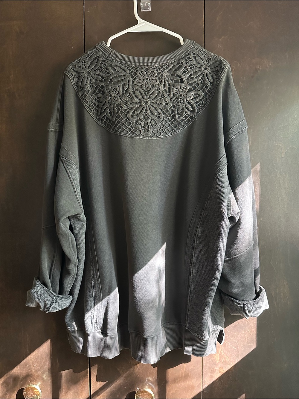 aerie Dark Gray Crochet-Yoke Crewneck Sweatshirt